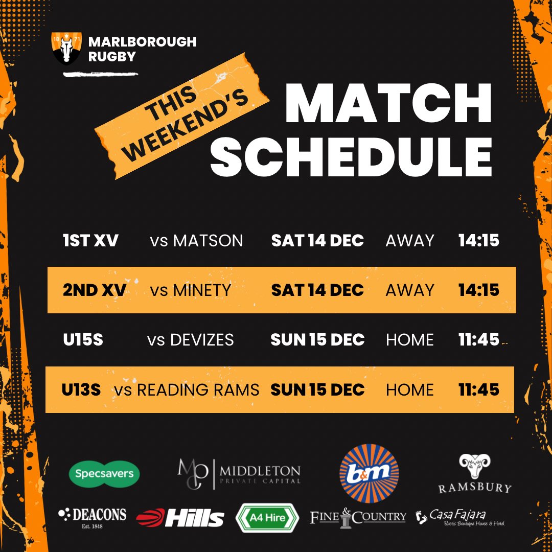 Marlborough Rugby (@marlboroughrfc) on Twitter photo With #StormDarragh behind us, we have rugby on Saturday!
The 1st XV travels to <a href="/RfcMatson/">Matson RFC</a>. Want to go with the boys on the coach? Just email info@mrfc.co.uk - it’s only £10 on the day! 🚌
The 2nd XV goes to <a href="/MinetyRFC/">Minety RFC</a>. Our Nomads top the Counties 2 table - outstanding stuff! 🏆 With #StormDarragh behind us, we have rugby on Saturday!
The 1st XV travels to <a href="/RfcMatson/">Matson RFC</a>. Want to go with the boys on the coach? Just email info@mrfc.co.uk - it’s only £10 on the day! 🚌
The 2nd XV goes to <a href="/MinetyRFC/">Minety RFC</a>. Our Nomads top the Counties 2 table - outstanding stuff! 🏆