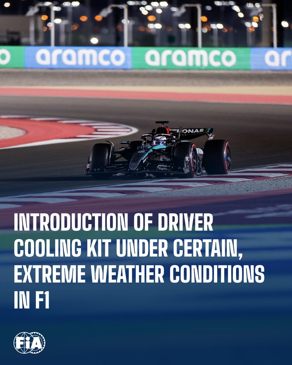 fia's tweet photo. The FIA World Motor Sport Council have finalised the ‘Heat Hazard’ regulations which mandates the use of a driver cooling kit under certain, extreme weather conditions. This device was developed in collaboration between the FIA and the F1 teams over the past year.

Read more: https://t.co/QhnSDsV81U

#FIA #F1