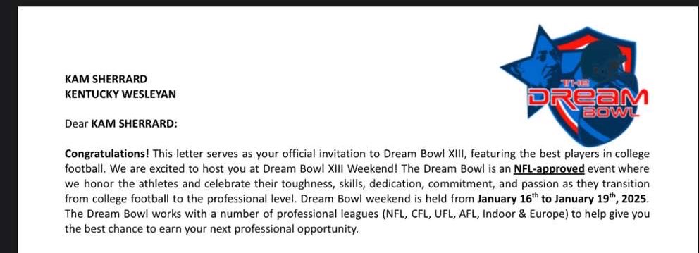 kam sherrard (@sherrardkam) on Twitter photo Blessed to receive bowl game invites from
<a href="/TheDreamBowl/">The Dream Bowl</a> <a href="/UnityBeachBowl/">The Unity Beach Bowl College All-Star Game</a> Blessed to receive bowl game invites from
<a href="/TheDreamBowl/">The Dream Bowl</a> <a href="/UnityBeachBowl/">The Unity Beach Bowl College All-Star Game</a>