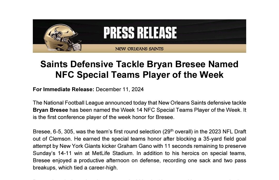 #Saints DT Bryan Bresee named NFC Special Teams Player of the Week