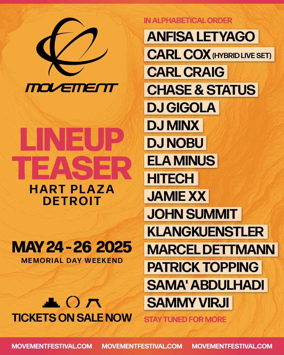 Oh yes, oh yes! The first glimpse of the Movement 2025 lineup is here 👀

And this is just the beginning…stay tuned for the full lineup reveal! 💥 

✨Secure your GA or VIP Passes for only $50 and don’t pay again until 1/17 at movementfestival.com✨
