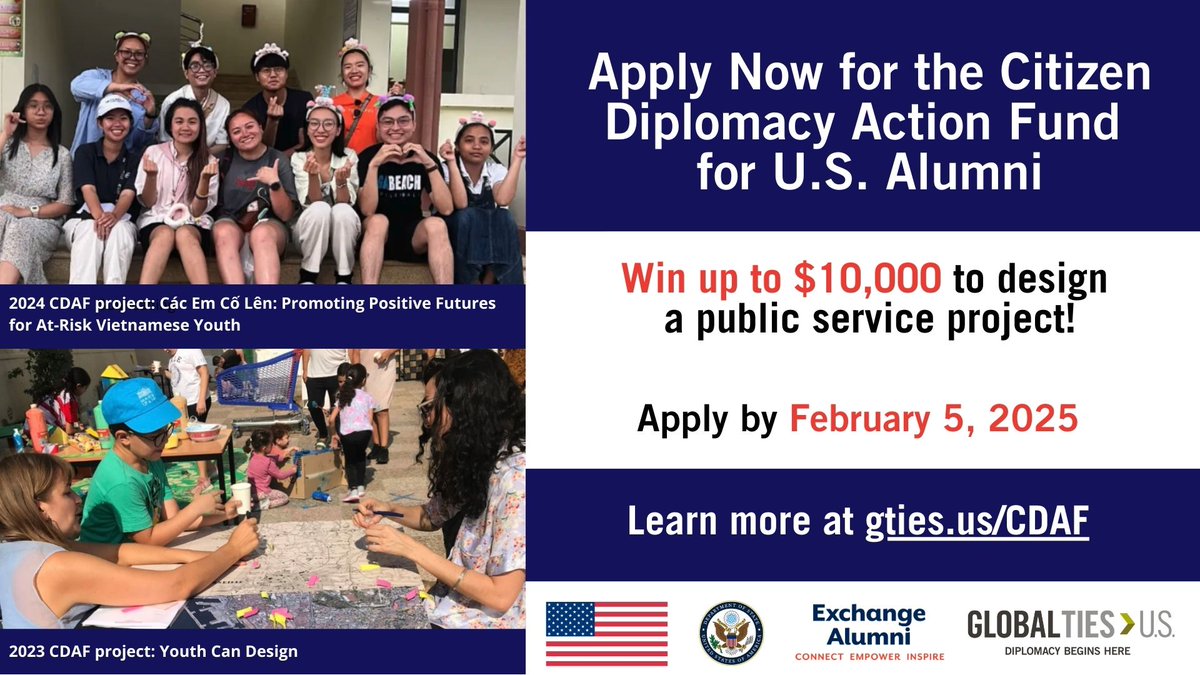 exchangealumni's tweet photo. The 2025 Citizen Diplomacy Action Fund (#CDAF) for U.S. #ExchangeAlumni is now open. Win up to $10,000 to design a community service project related to #CDAF2025 themes. Spread the word, learn more, and apply by Wednesday, February 5 at: https://t.co/4Mv1AguuqZ @ECAatState https://t.co/UHD2rdp7zA