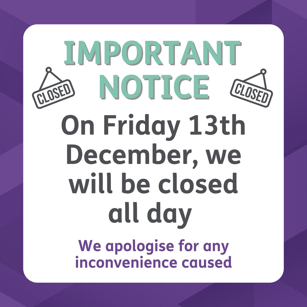 🚫IMPORTANT NOTICE 🚫

On Friday 13th December, we will be closed all day for our annual staff conference. 

We apologise for any inconvenience caused, and we will reopen on Saturday 14th December.

#YMCANorthTyneside