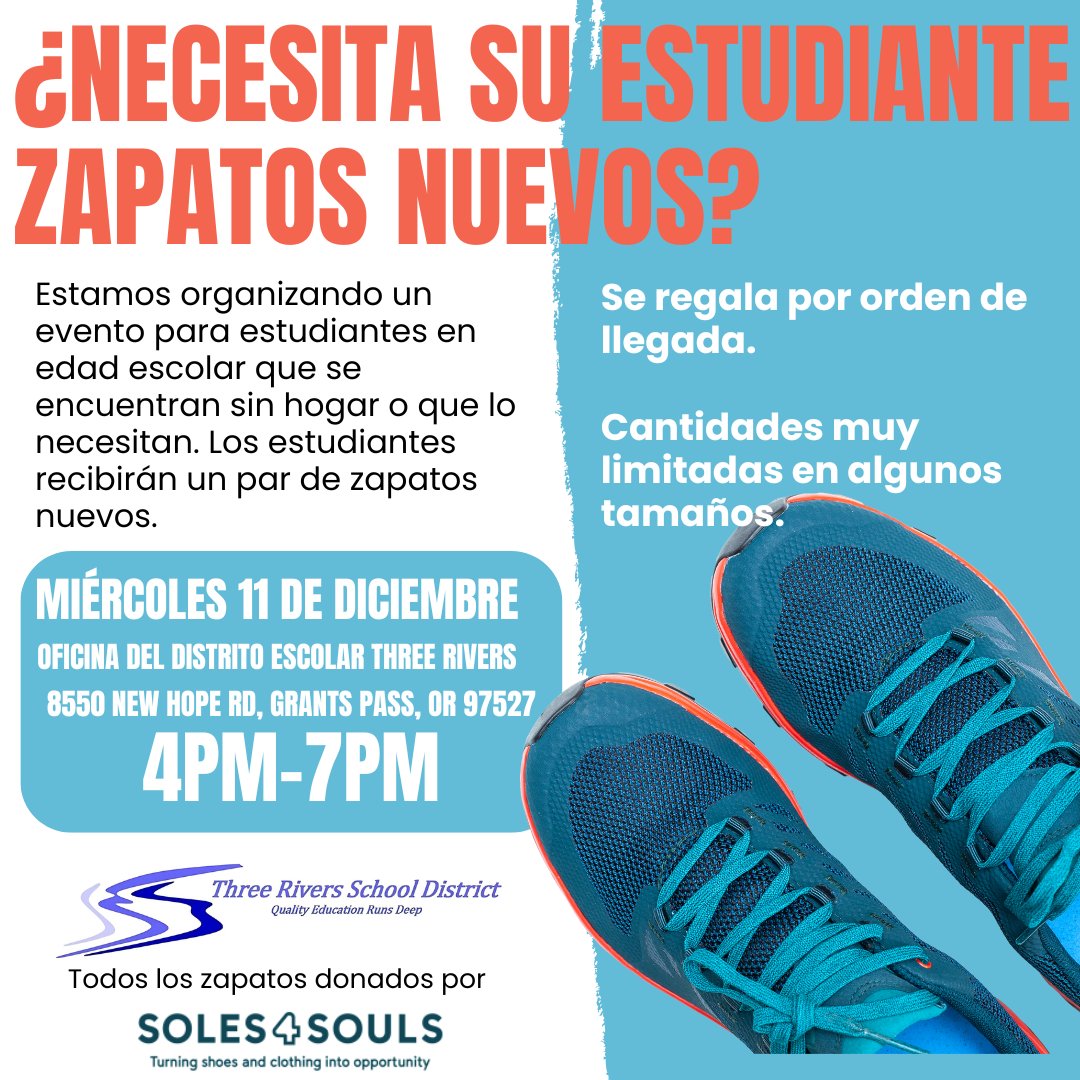 3riversSD's tweet photo. If your student is in need of new shoes, Three Rivers School District is hosting an event that might help. Details in attached images. https://t.co/KHZCNGhaTF
