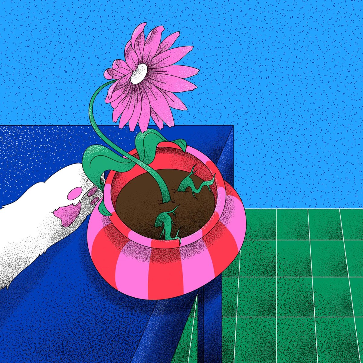 Ocovicada's tweet photo. Editorial illustration inspired by Vox’s article “What If Absolutely Everything Is Conscious?” 🌸

This one was a bit premonitory, as a little while after drawing this we adopted Salem and now we actually do have a cat to push scared flowers off of tables 🐈‍⬛ https://t.co/436JyUIFu8