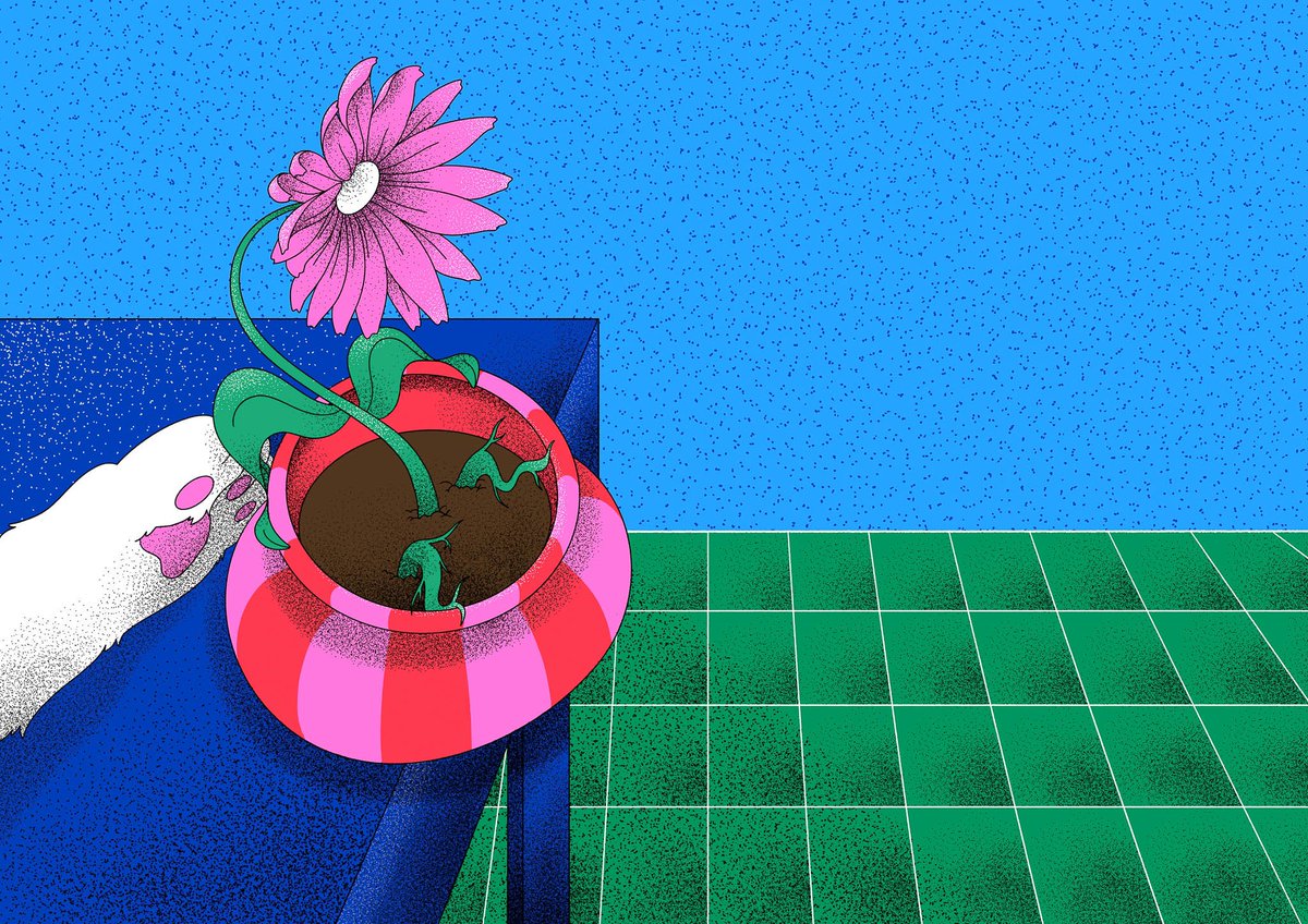 Ocovicada's tweet photo. Editorial illustration inspired by Vox’s article “What If Absolutely Everything Is Conscious?” 🌸

This one was a bit premonitory, as a little while after drawing this we adopted Salem and now we actually do have a cat to push scared flowers off of tables 🐈‍⬛ https://t.co/436JyUIFu8