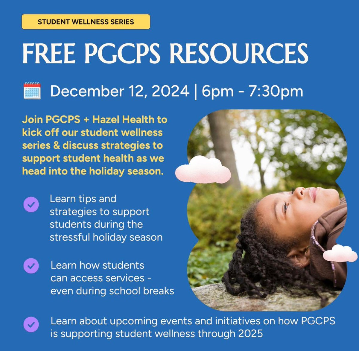 PGCPS (@pgcps) on Twitter photo JOIN US Thursday, Dec. 12 at 6 pm to learn about free health and wellness resources available to students over winter break! This session is virtual. linktr.ee/engagepgcps JOIN US Thursday, Dec. 12 at 6 pm to learn about free health and wellness resources available to students over winter break! This session is virtual. linktr.ee/engagepgcps