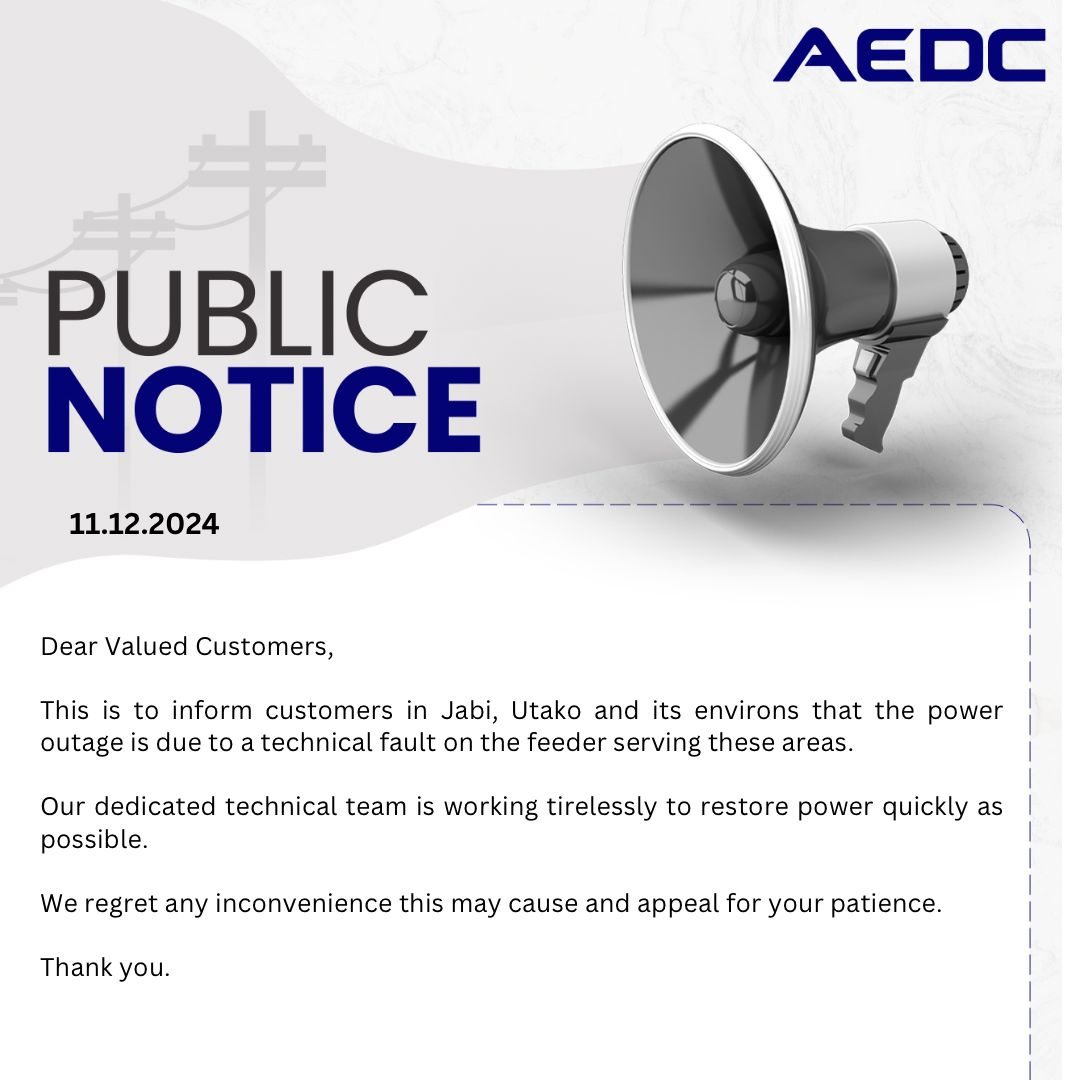 aedcelectricity's tweet photo. Power Outage Alert❗ 
#Poweroutage 
#AEDC 
#PowerofCommitment https://t.co/xF1iQDOcNI