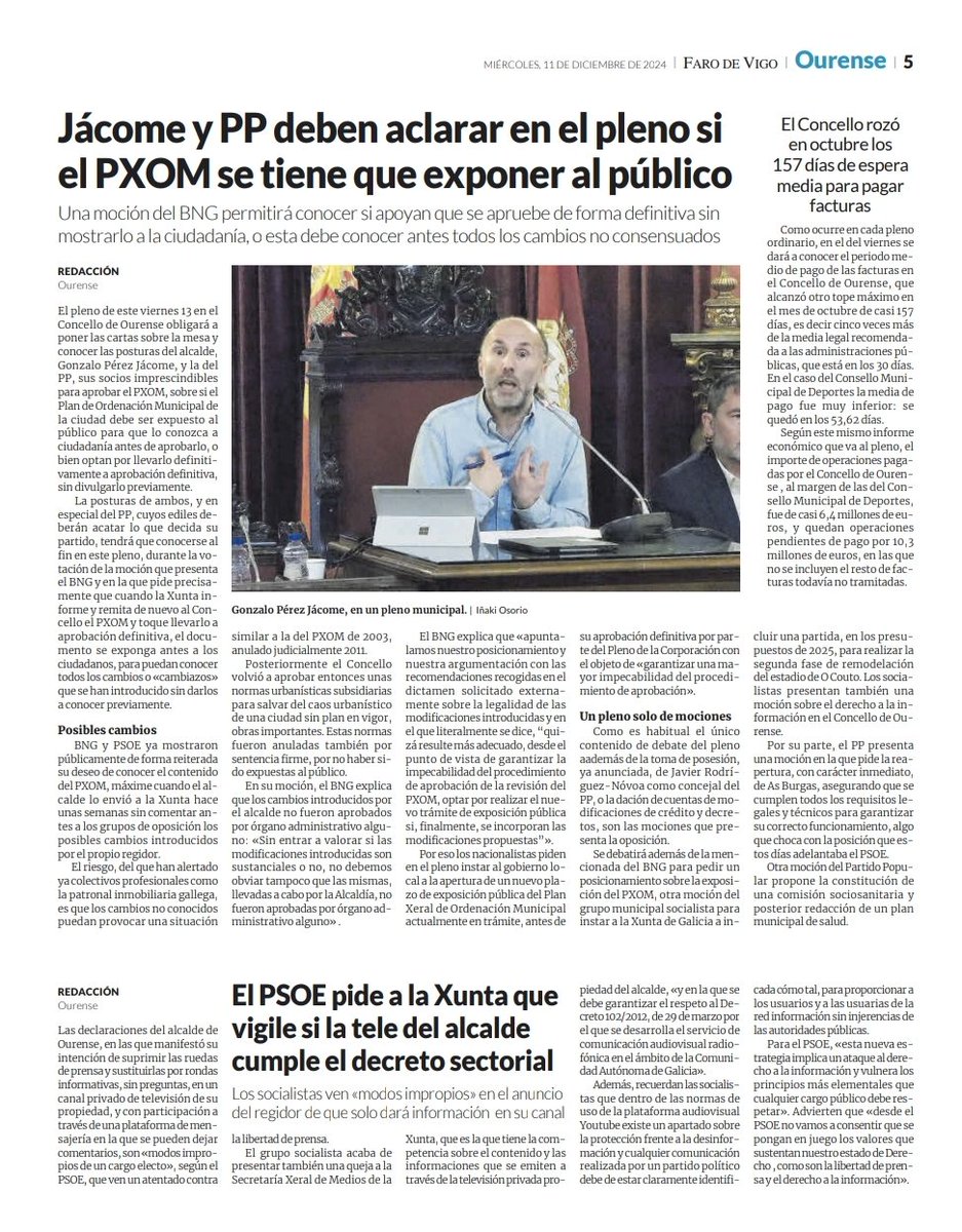 📰👇 Os principais xornais de Ourense fanse eco da denuncia do PSOE ante a Secretaría Xeral de Medios pola supresión das roldas de prensa por parte do alcalde.