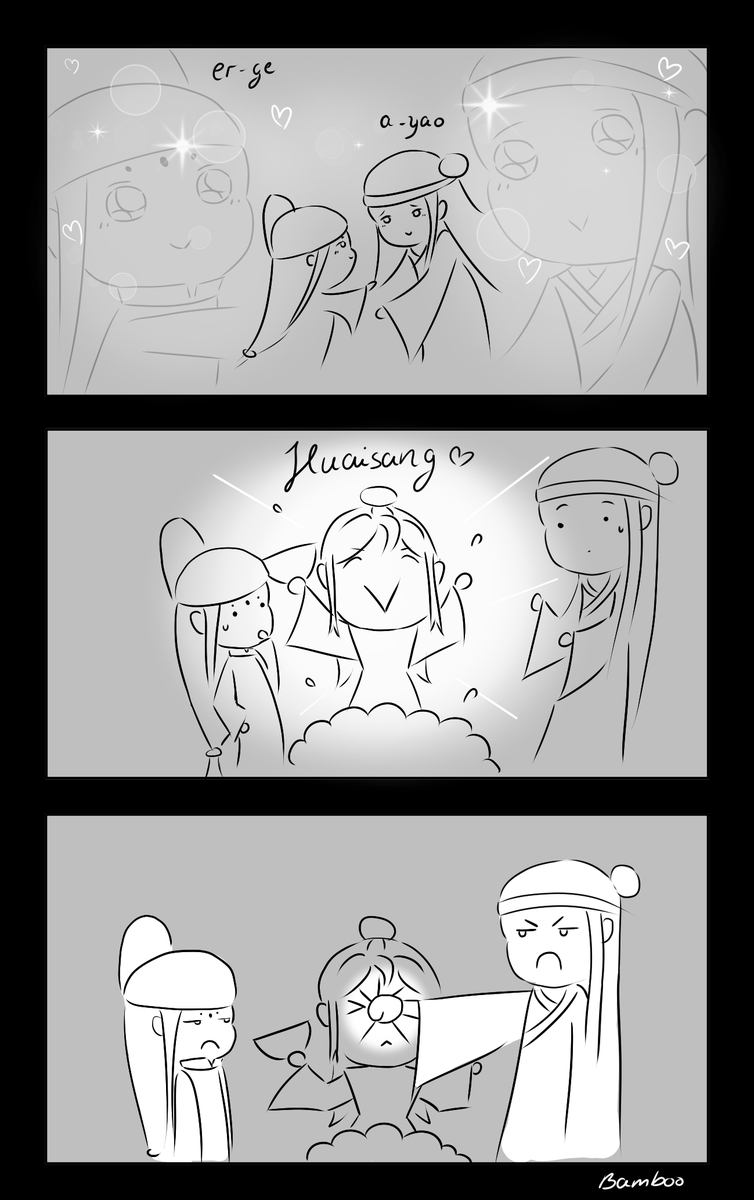 bamboo_louis's tweet photo. Little comic I did for @dumbbo_yyy for 

@XIYAOaction (ﾉ◕ヮ◕)ﾉ*:･ﾟ✧

Huaisang keeps interrupting XiYao's precious alone time. Lan Xichen takes matters into his own hands... https://t.co/kShHpW1PIg