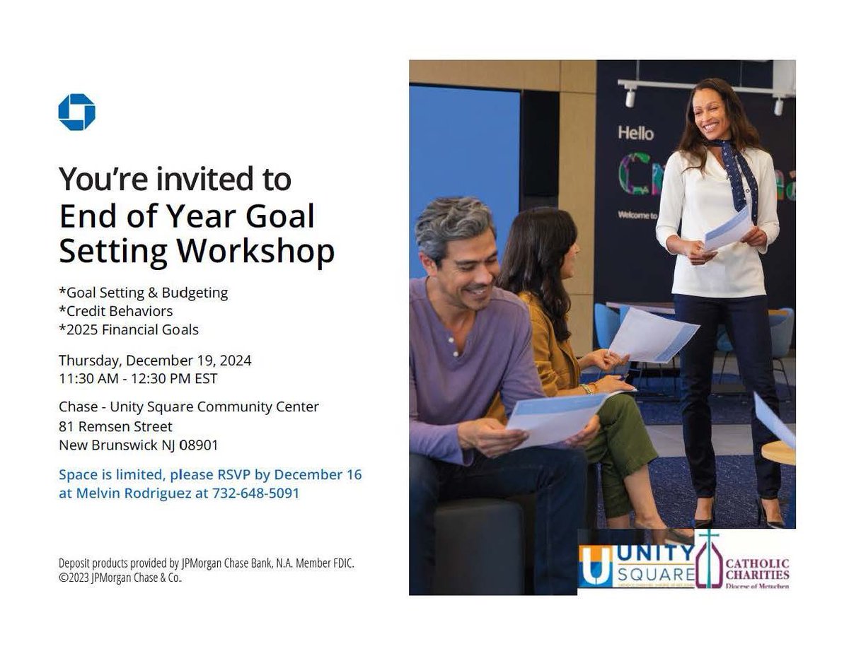 CCDOM1's tweet image. 2025 will be here soon!

Prepare yourself for it with a workshop held by Chase Bank at Unity Square Community Center in New Brunswick. 

Check out the flyer for more details! 

#ccdom #unitysquare #financialworkshop