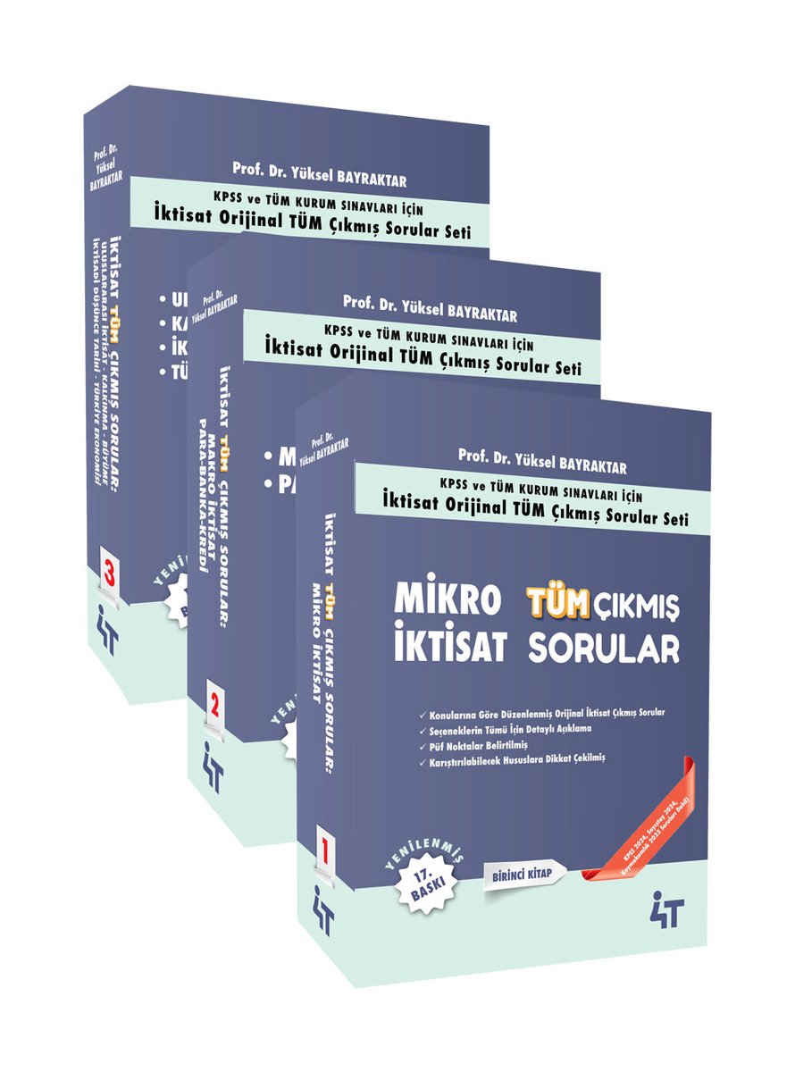 ~   İKTİSAT TÜM ÇIKMIŞ SORULAR SETİ 17. Baskı artık 3 cilt.
~ KPSS &amp; KURUM SINAVLARI DAHİL Tüm yılları barındıran Orjinal sorular.
 ~ Konularına Göre Sıralanmış 
~ Seçeneklerin Tümü İçin Detaylı Açıklama 
~ Püf Noktalar Belirtilmiş, ~Karıştırılabilecek Hususlara Dikkat Çekilmiş