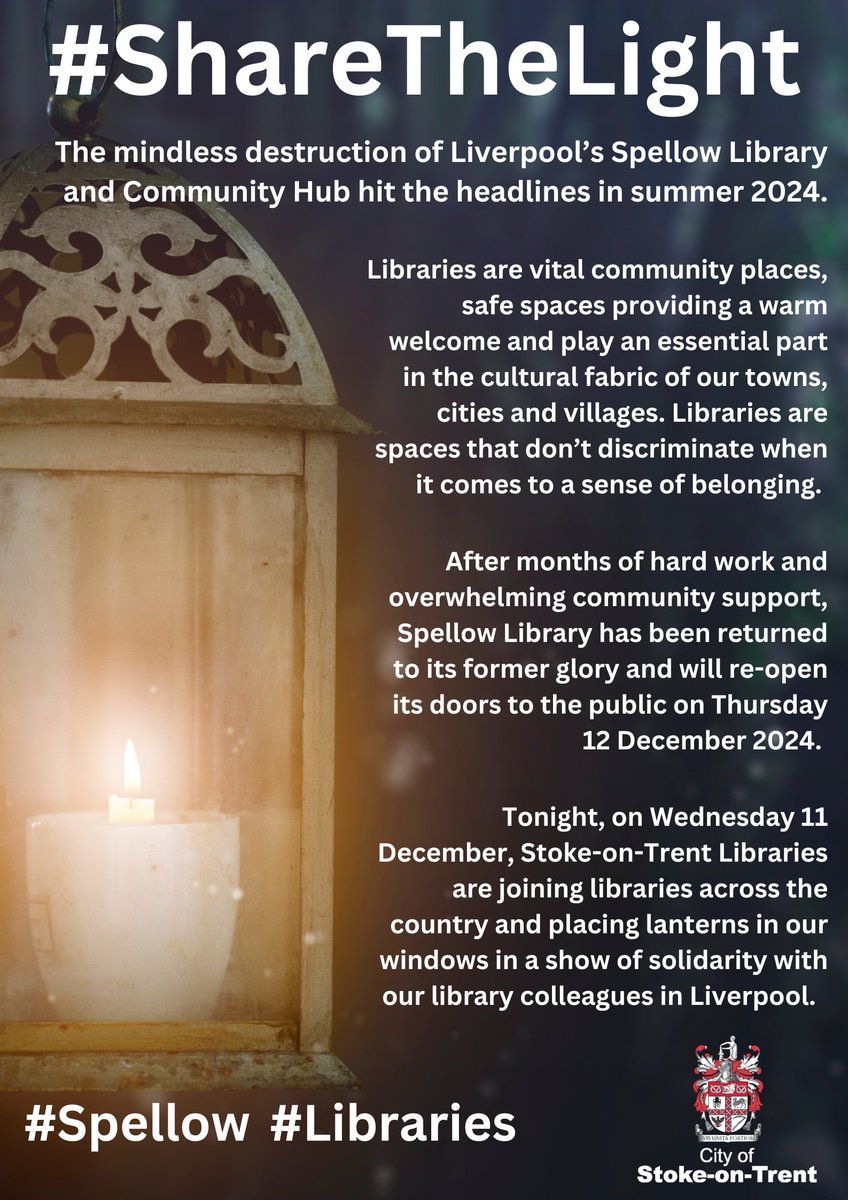 Tonight, on Wednesday 11 December, Stoke-on-Trent Libraries are joining libraries across the country and placing lanterns in our windows in a show of solidarity with our library colleagues in Liverpool.
#Spellow #ShareTheLight #Libraries <a href="/CultureLPool/">Culture Liverpool</a> @LpoolCityCouncil