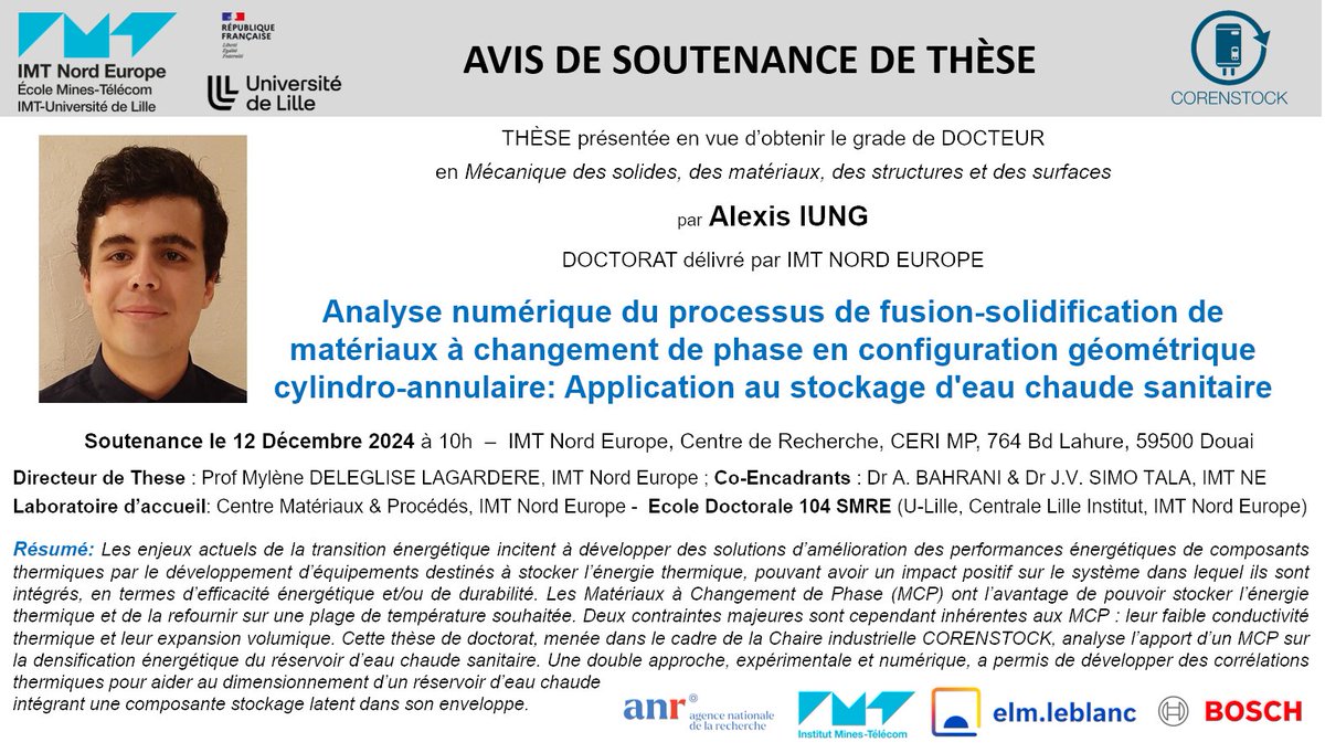 P_Krawczak's tweet photo. 🔜 12 décembre 2024 à Douai @IMT_NordEurope #SoutenanceThèse🎓 d'Alexis IUNG | Analyse numérique du processus de fusion-solidification de matériaux à changement de phase #MCP : Application au #stockage d'#EauChaudeSanitaire | Chaire #Corenstock @IMTFrance elm.leblanc @BoschFrance https://t.co/hafctUMrUA