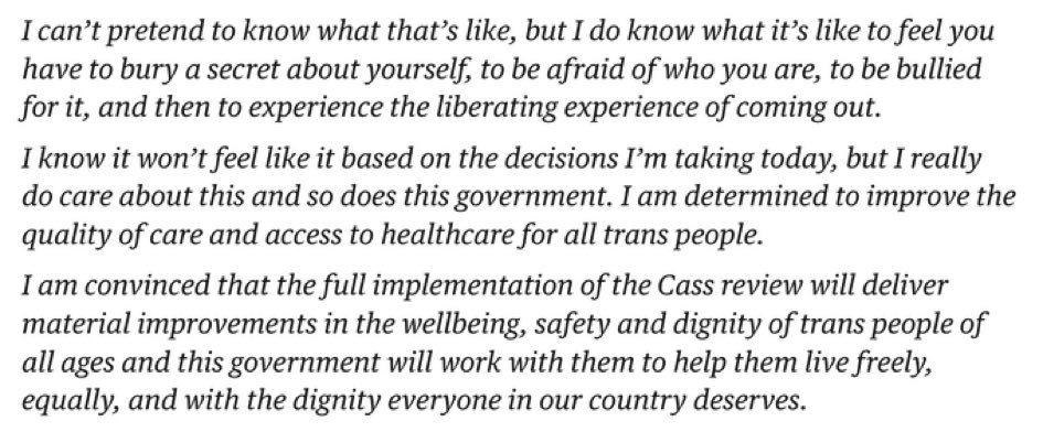 Literally the entire trans community have told you the Cass Report is a stitch up and we don’t want it <a href="/wesstreeting/">Wes Streeting</a> - but you stubbornly ignore. We have zero agency over our own healthcare. Disgraceful. In fact we were specifically BANNED from advising on Cass - along with