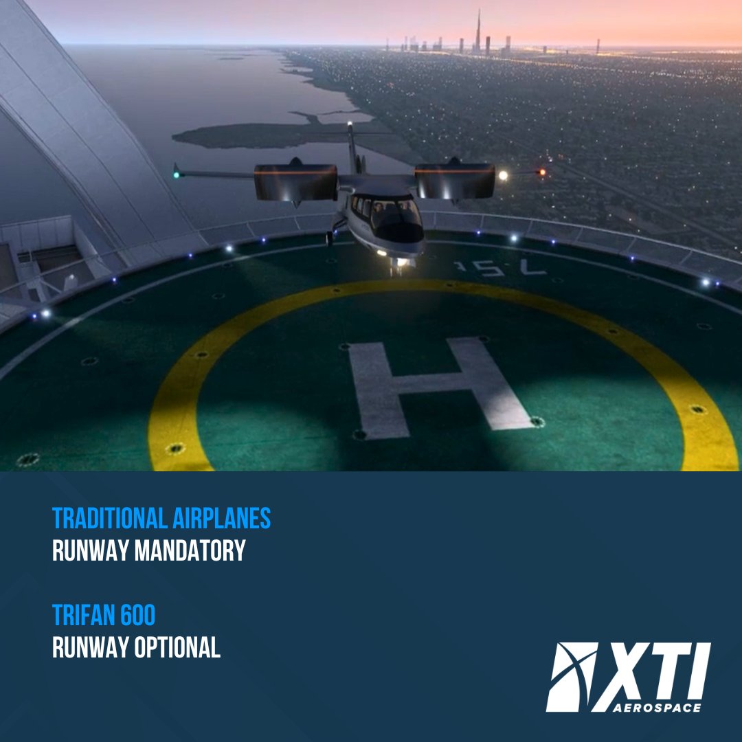 XTIAerospace's tweet photo. Runways? Optional. Limits? None. Meet the future. Swipe left to know more!
#VerticalLiftCrossover #VTOLAircraft #Runway #TriFan600 https://t.co/cGDfltNKxb
