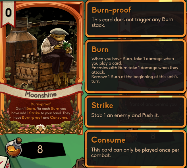 Feel the burn in battle with some toad-made moonshine🥃!
Only usable once per fight, drink responsibly and stay thirsty, toads...
#CardGame #GameDev #Indiegames #TurnBased