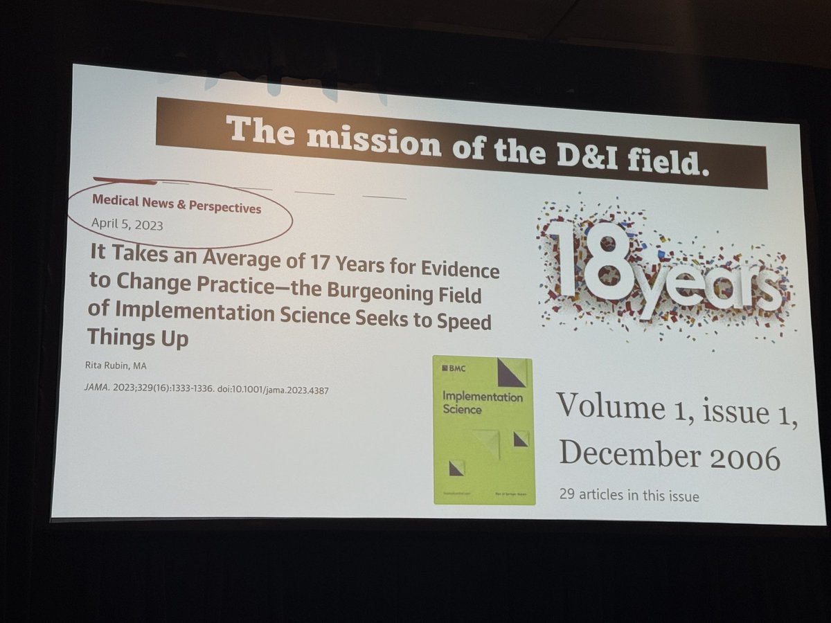 <a href="/AcademyHealth/">AcademyHealth</a> Plenary session— 

18 years into the growth of D&amp;I science as a field—yet it still takes an average of 17 years for evidence-based interventions to be adopted into healthcare practice.

#ImplementationScience #HealthcareInnovation