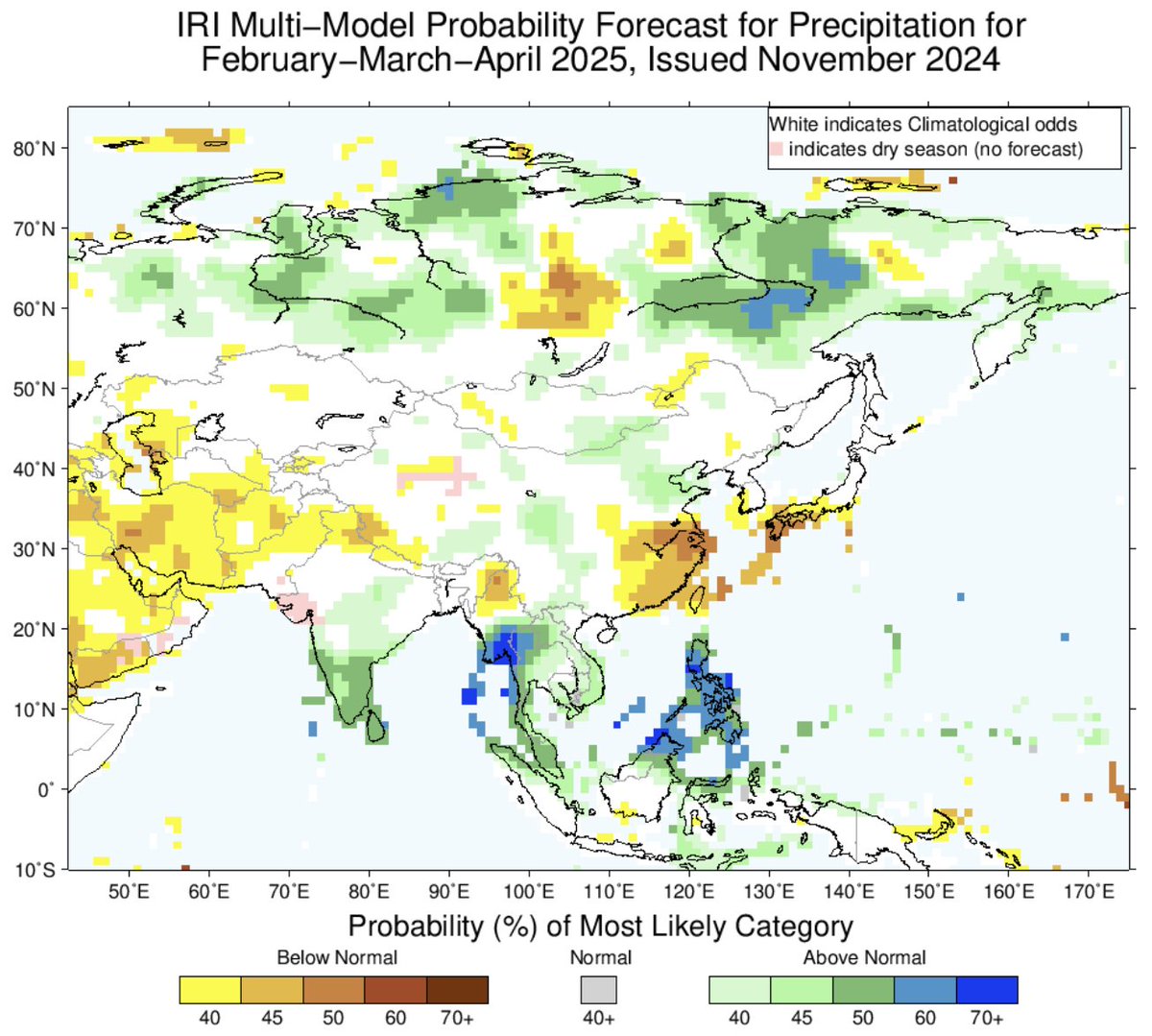 #WinterDrought is likely all over #Nepal as different seasonal forecasts 👇show a dry winter (at least until February 2025). 
The yellow/brown color shows below-normal precipitation forecast.
No precipitation is forecast for the next 2 weeks.