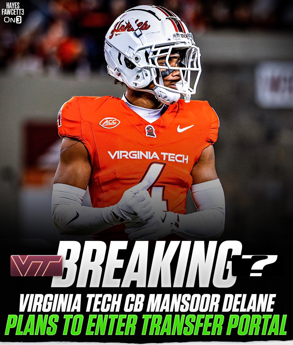 Hayesfawcett3's tweet photo. BREAKING: Virginia Tech starting CB Mansoor Delane plans to enter the Transfer Portal, he tells @on3

The 6’0 185 CB totaled 146 Tackles, 16 PD, 6 INT, &amp; 4 FF (3 seasons)

Earned Freshman All-American &amp; All ACC Honors

1 year of eligibility left

https://t.co/h0i8eOZS7s https://t.co/AoUQGOsLiz