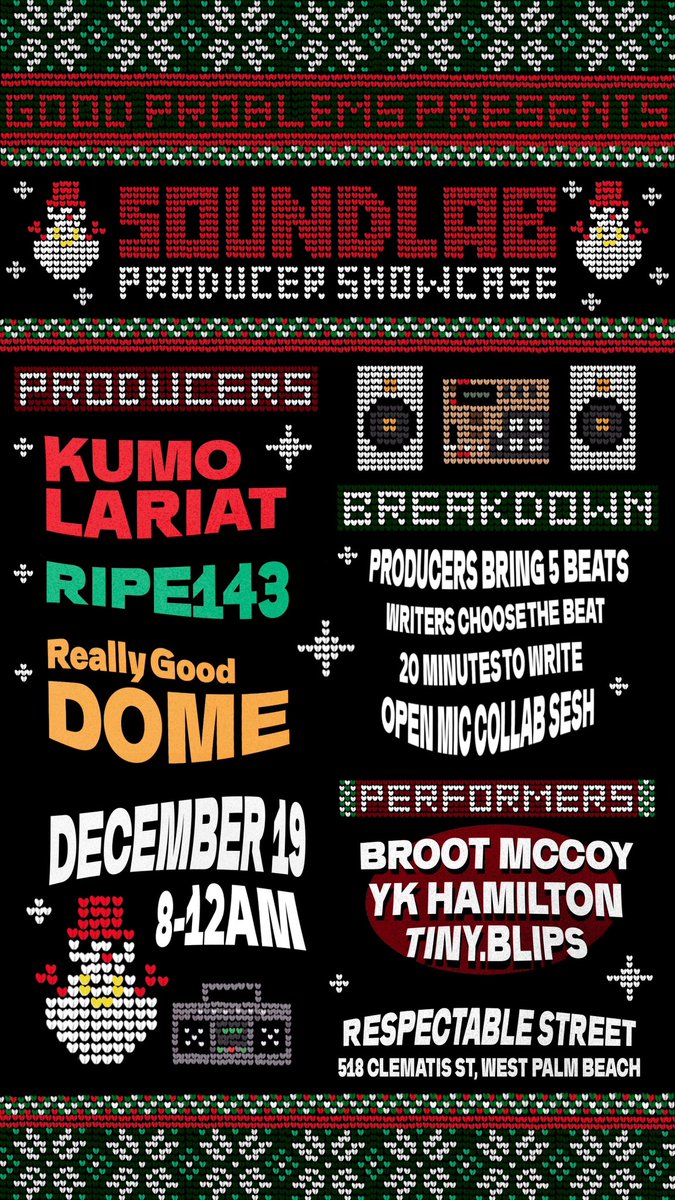 _GoodProblems's tweet photo. West Palm Beach 🏝️ #SoundLab is back in your life 12/19 at @respectablest 📍

If you are an artist or producer in South Florida you don’t wanna sleep on this. Come flex your pen and connect with fellow creatives….

Feature performances from @BrootMcCoy @Ykhamilton and more! https://t.co/ced0lAniiR
