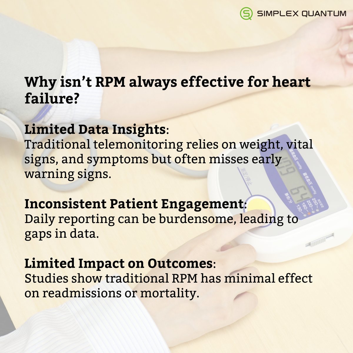 Intl_SimplexQ's tweet photo. Aging populations and rising #heartfailure cases are straining healthcare systems, with cardiologist shortages making in-person care increasingly unsustainable.

While #RPM holds promise, traditional methods have limitations. NIHA-HF is here to tackle these challenges—discover how