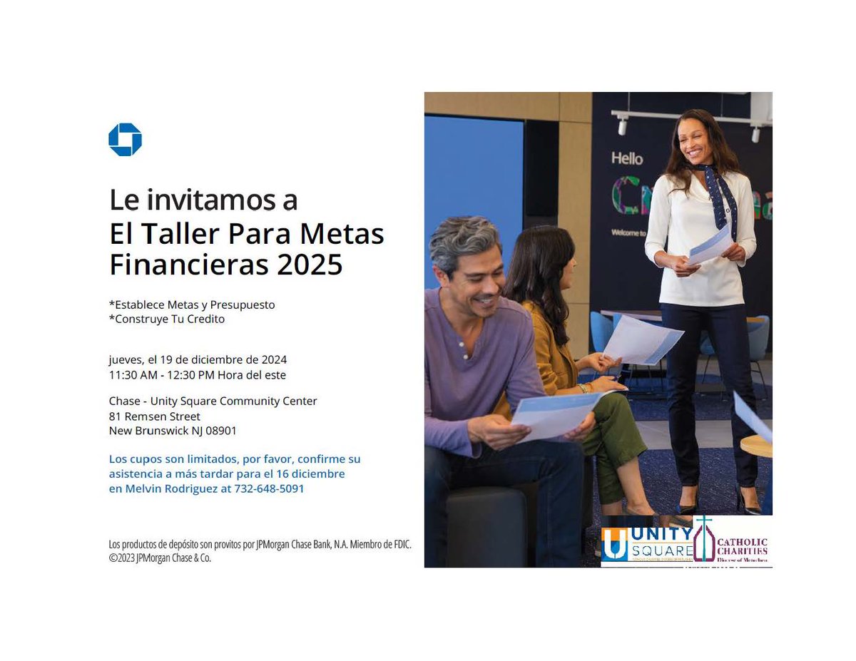 CCDOM1's tweet image. ¡2025 llegará pronto!

Prepárese para ello con un taller organizado por Chase Bank en el Centro Comunitario de Unity Square en New Brunswick. 

¡Echa un vistazo al folleto para obtener más detalles! 

#ccdom #unitysquare #financialworkshop