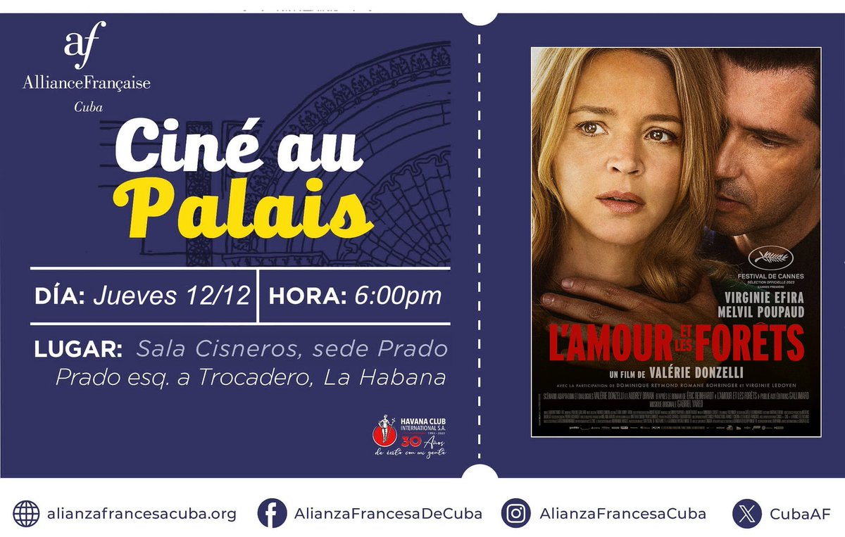 ✨️Otra noche de cine en el Palacio de Prado ! Esta semana : L'Amour et les Forêts, un thriller trepidante que intriga, trastorna y ofrece grandes emociones cinematográficas. Imperdible !

📌 Jueves 12 diciembre - 6:00pm Palacio de Prado - Gratuito y abierto a todos🙌🏻
