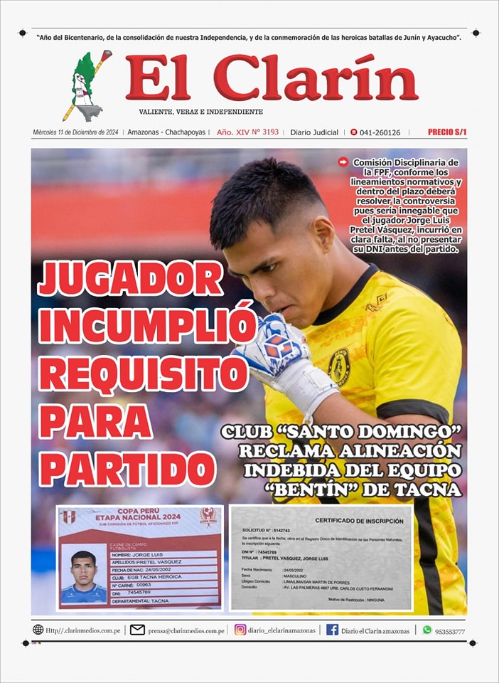 clarin_amazonas's tweet image. #AMAZONAS 

CLUB #SANTODOMINGO ESPERA PRONUNCIAMIENTO DEL COMITÉ DE JUSTICIA FPF FRENTE A RECLAMO POR ALINEACIÓN INDEBIDA DEL CLUB #BENTIN DE #TACNA.