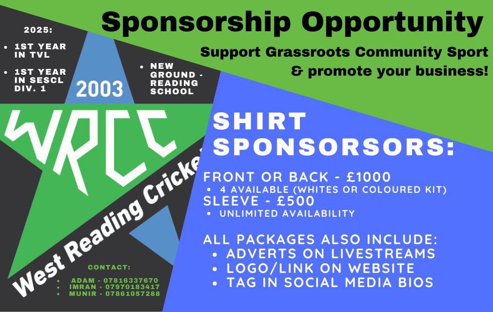 Big year for WRCC in 2025:

- Promoted to <a href="/sescl_/">South East Shires Cricket League</a> Div 1 on Suns
- 1st year in <a href="/CricketTVCL/">Thames Valley League</a> on Sats
- New home venue &amp; partnership with <a href="/readingsch/">Reading School</a> 

❓Want exposure for your business
❓Help WRCC on this journey
❓Support local community sport

Please get in touch!