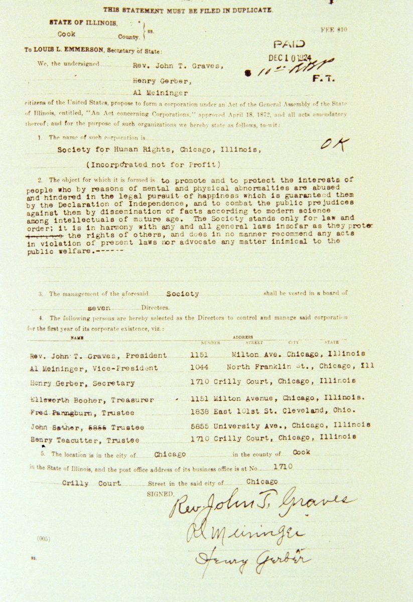 In 1924, the 1st #LGBTQIA+ rights org in the US was founded in Chicago. On 12/10, #HenryGerber, Al Weininger, &amp; Rev. John T. Graves established the IL charter of the Society of Human Rights, which was formally recognized w/a State of IL Charter on 12/24. ow.ly/B43X50UpjGe