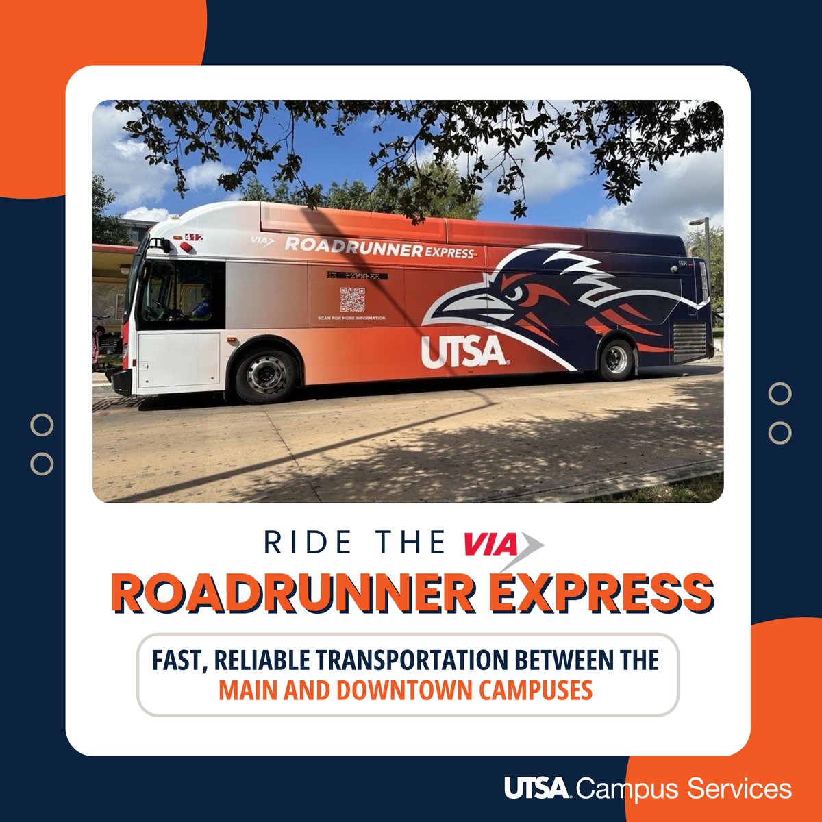 UTSACampusSrvcs's tweet photo. Finals season is here! Donโt forget @UTSA students can ride the @VIA_Transit Roadrunner Express between campuses โ a fast, reliable way to travel for finals week. ๐๐
#UTSA #VIA #RoadrunnerExpress #FinalsReady #StudySmart https://t.co/orJR2ah8ca