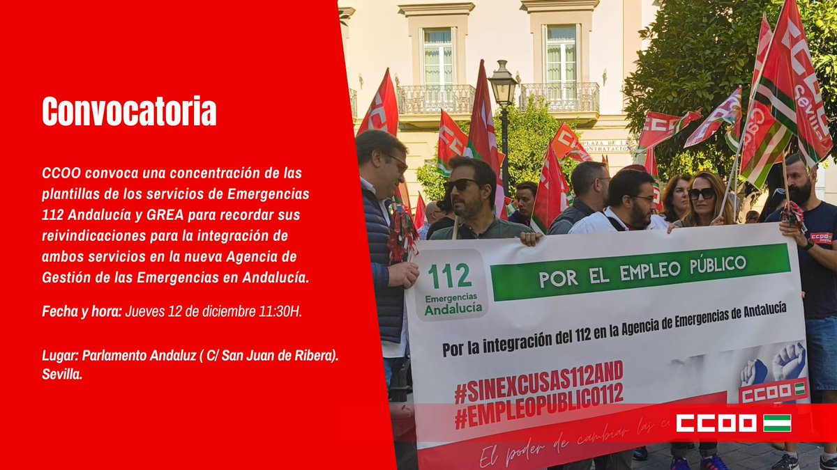 📅AGENDA | 📢Nos concentramos para exigir la integración del personal del 112 y del Grupo de Emergencias de Andalucía (GREA) en la Agencia de Seguridad y Gestión Integral de Emergencias de Andalucía.
⏰11:30 horas
📍Parlamento de Andalucía. C/San Juan de Ribera, Sevilla