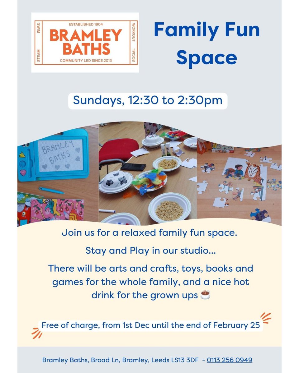 BARCALeeds's tweet photo. Join @bramleybaths on Sundays between 12:30 and 2:30pm for a relaxed stay and play session with arts and crafts, toys, books and games for the whole family. Plus a hot drink for the grown ups ☕
For more information, call: 0113 256 0949
#WelcomeSpaces #TogetherLeeds https://t.co/X8g31gQeGP
