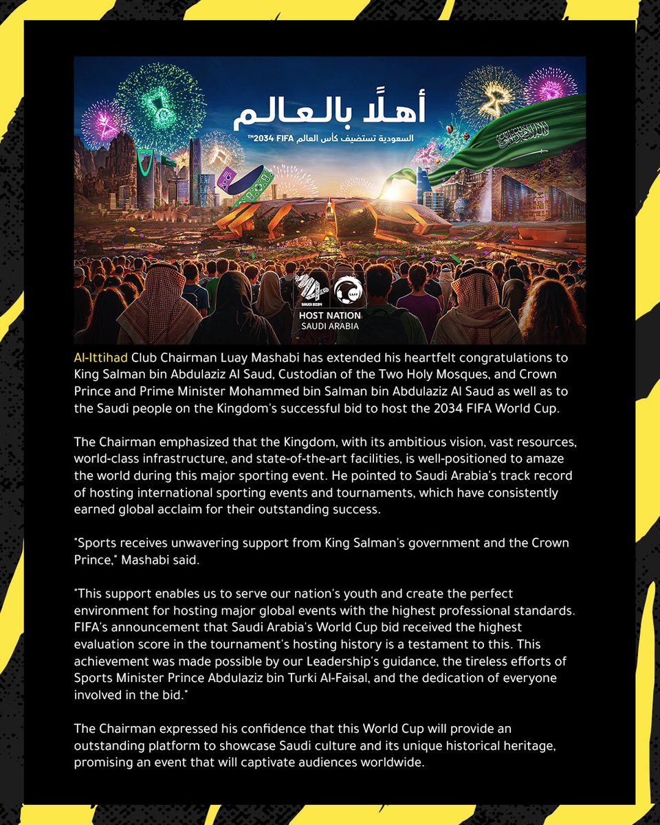 ittihad_en's tweet photo. Board Chairman Congratulates Leadership on Kingdom's World Cup Hosting Announcement
#Saudi34
#GrowingTogether
#WelcomeWorld https://t.co/RPjkjywmWf