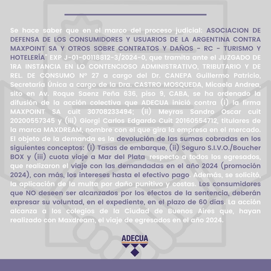 📄 Asociación de Defensa de los Consumidores y Usuarios de la Argentina contra Maxpoint SA y otros sobre Contratos y Daños - RC - Turismo y Hotelería - EXP J-01-00118812-3/2024-0