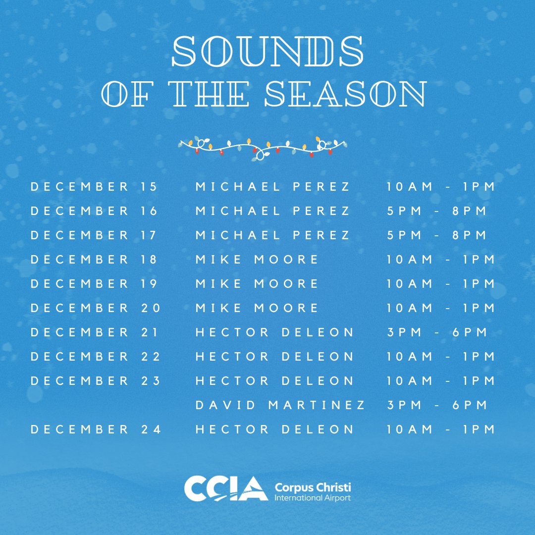 flyccia's tweet photo. Sounds of the Season is back! πΆπ Enjoy live Christmas music in the terminal, performed by local musicians, from December 15th through December 24th. π βοΈ
#flyccia @cityofcc https://t.co/3TptKJjfIi