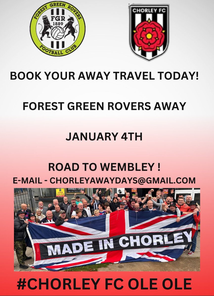 33 <a href="/chorleyfc/">Chorley FC</a> are booked on DISCOUNTED TRAVEL🚍
45 are needed for the coach to run

Book now and help the Magpies reach Wembley Stadium🏟️
Pls Retweet to help us👍
#RoadToWembley #Chorleyfc