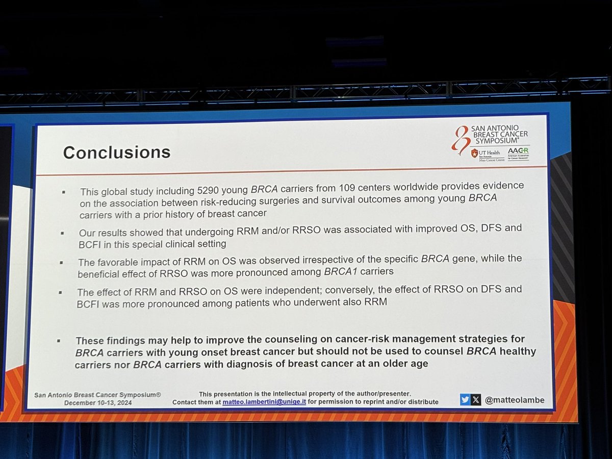 Association between risk reducing surgeries and survival in young BRCA carriers with #BreastCancer 

Accumulating crucial evidence presented by amazing Prof Matteo Lambertini #SABCS24 <a href="/matteolambe/">Matteo Lambertini, MD PhD</a> 

<a href="/OncoAlert/">OncoAlert</a> #OncoAlert