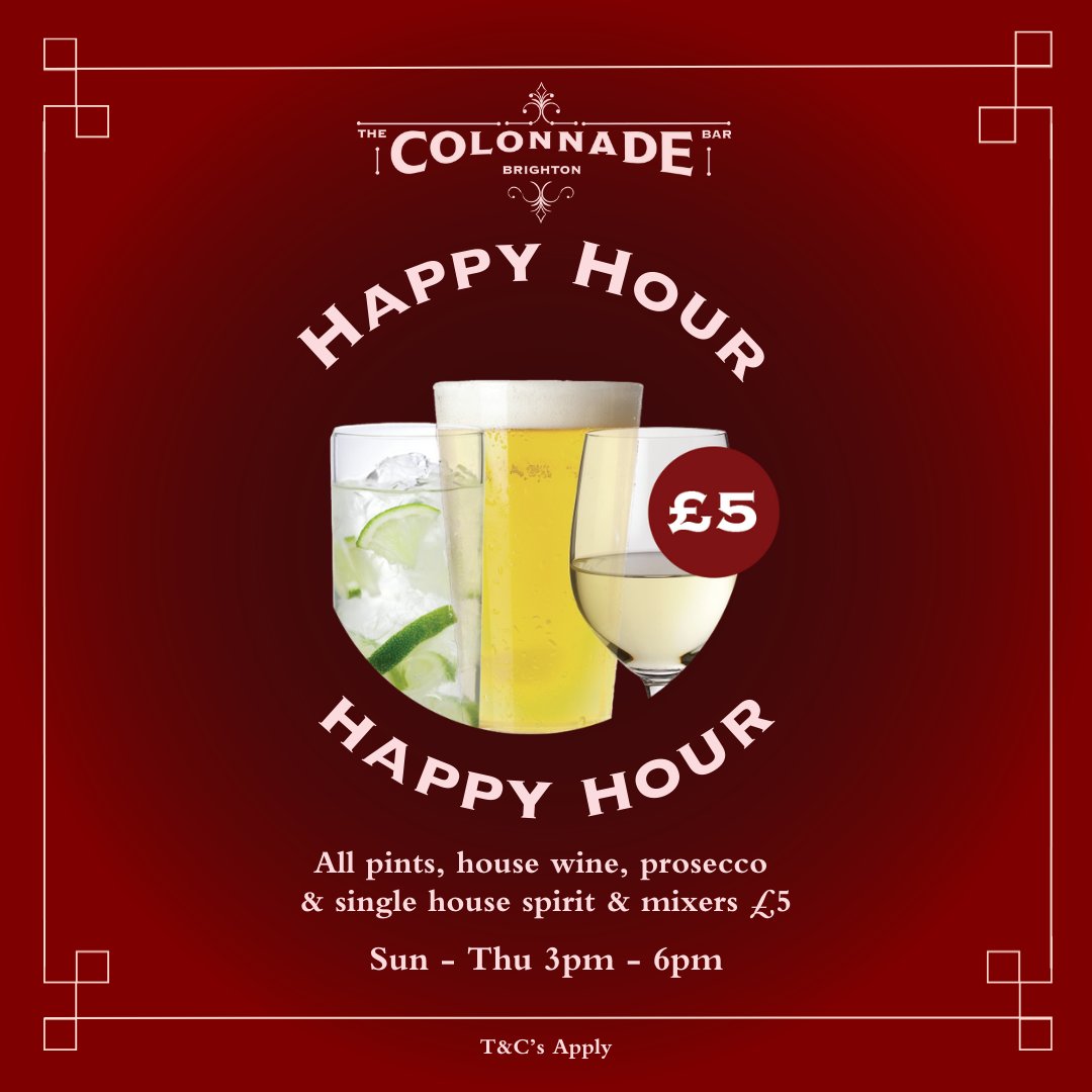 ColonnadeBarBTN's tweet photo. Join us for happy hour this festive season!

❄️ All pints, house wine, prosecco &amp; single house spirit &amp; mixers £5
❄️ Sun - Thu 3pm - 6pm

*T&amp;C’s apply https://t.co/j37bkTDgOd