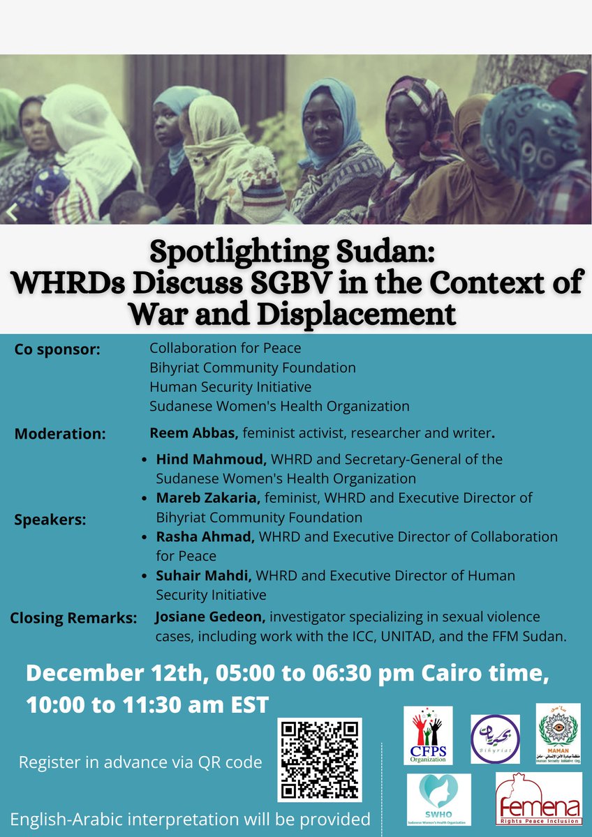 FemenaNet's tweet photo. Join us for an insightful discussion on the intersection of sexual and SGBV with the ongoing conflict and displacement in Sudan. 

Tomorrow from 05:00 to 06:30 pm Cairo time, 10:00 to 11:30 am EST 
Register here:
https://t.co/NUHtavPywb

#sudan #sudanwhrds #supportwhrds #السودان https://t.co/gn7A51fqG3