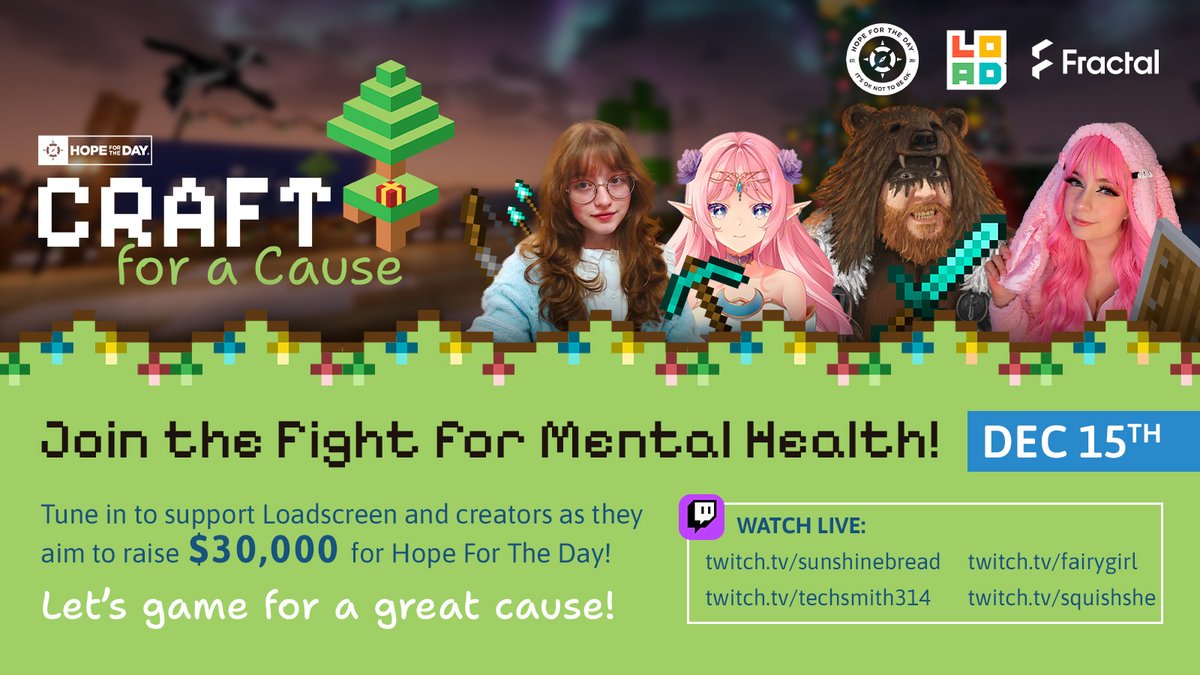 We're thrilled to announce our upcoming activation on Dec 15th! 🌟 

Four incredible influencers:
<a href="/squishshe/">💜 SquishShe 💜 ASMRtist</a> 
<a href="/Techsmith314/">Techsmith314</a> 
<a href="/OWsunshine/">sunshinebread</a> 
<a href="/LoLFairyGirl/">fairy girl VTuber</a>  

Join forces to raise $30,000 for <a href="/HopeForTheDay/">Hope For The Day</a> , supporting mental health awareness and resources.💛🖤

Stay tuned for an