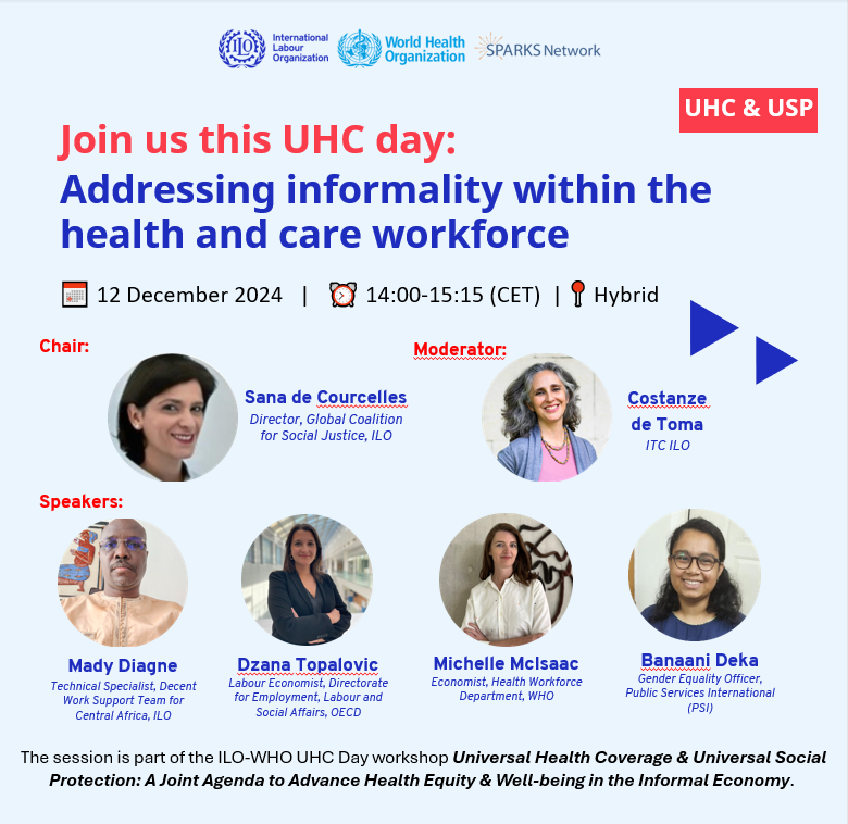 Working4Health (@working4h) on Twitter photo Want 👌plans for #UHCDay?
Here's THE event if you care about equity and health & care workers, the human❤️of #HealthForAll
📅 Thurs 12 DEC | 14:00 - 15:15CET
Join <a href="/ilo/">International Labour Organization</a> <a href="/WHO/">World Health Organization (WHO)</a> masterclass on addressing informality in the #health & #care workforce
<a href="/MLMcIsaac/">Michelle McIsaac</a>
who.int/news-room/even… Want 👌plans for #UHCDay?
Here's THE event if you care about equity and health & care workers, the human❤️of #HealthForAll
📅 Thurs 12 DEC | 14:00 - 15:15CET
Join <a href="/ilo/">International Labour Organization</a> <a href="/WHO/">World Health Organization (WHO)</a> masterclass on addressing informality in the #health & #care workforce
<a href="/MLMcIsaac/">Michelle McIsaac</a>
who.int/news-room/even…