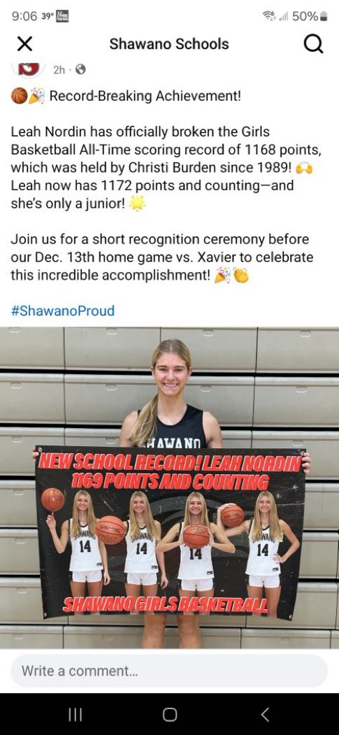 WisconsinBlaze's tweet photo. Congrats to Leah Nordin (2026 | 6’2” | Shawano) on breaking the Shawano Girls Basketball All-Time scoring record of 1168 points, which was held by Christi Burden since 1989! 🙌 Leah now has 1172 points and counting—and she’s only a junior! 🌟 @leah_nordin14 https://t.co/3CTrf49SZf
