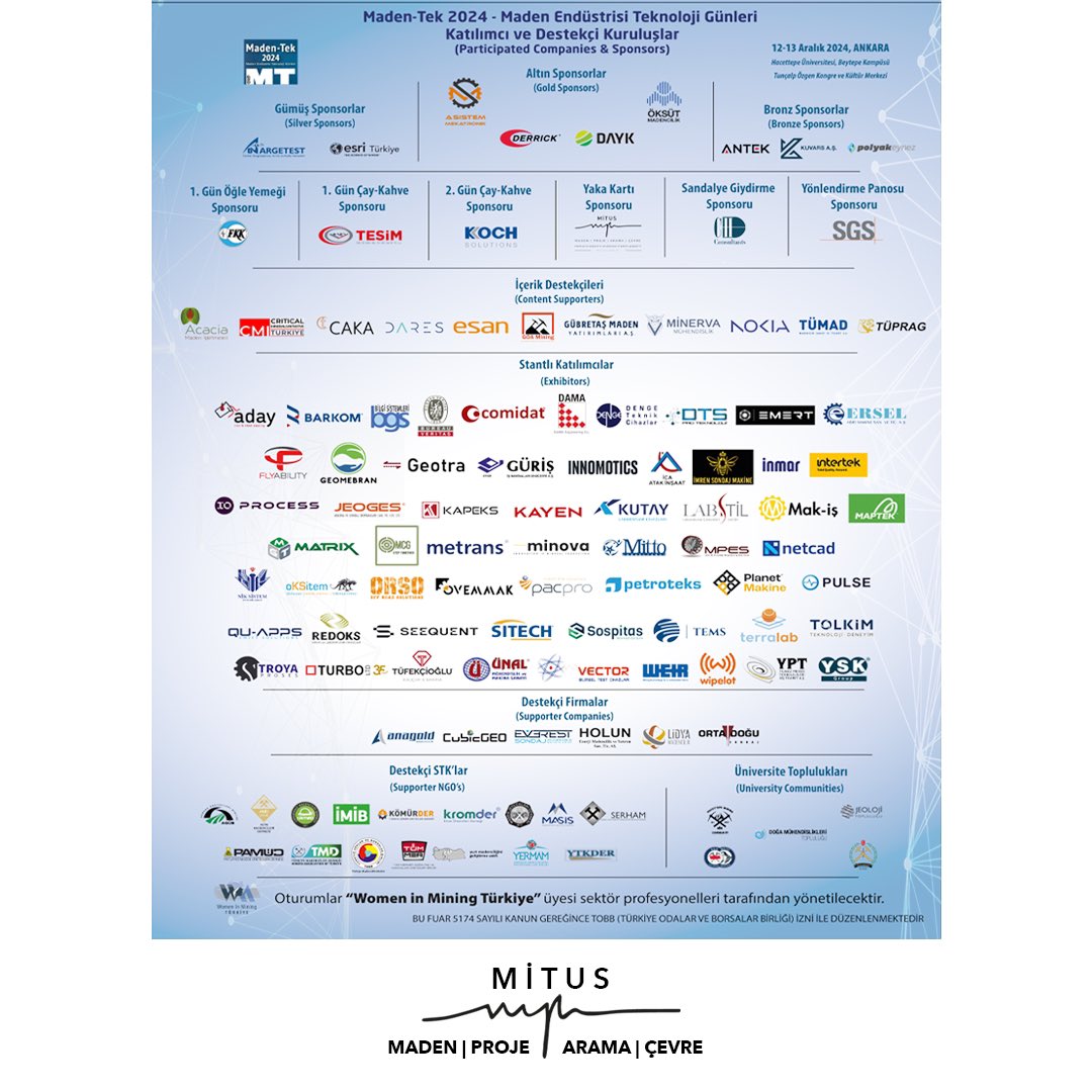 Mitus Maden Danışmanlık Şirketi olarak ‘‘Maden-Tek 2024 Maden Endüstrisi Teknoloji Günleri’’ sponsorları’ndan olmaktan mutluluk duyar standımızda siz değerli katılımcıları ağırlamaktan onur duyarız.

#mitusproje #madenendüstrisiteknolojigünleri