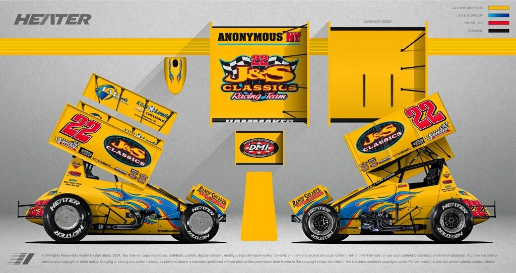 hosehead33's tweet photo. The J&amp;S Classics 22 is back for Central PA 410 action in 2025 with Sandy Kline at the helm &amp; @DougHammaker at the wheel.  Here's a look at some design for the new team.@SprintCarNews @PAPOSSE410s https://t.co/Zfy456hLbe