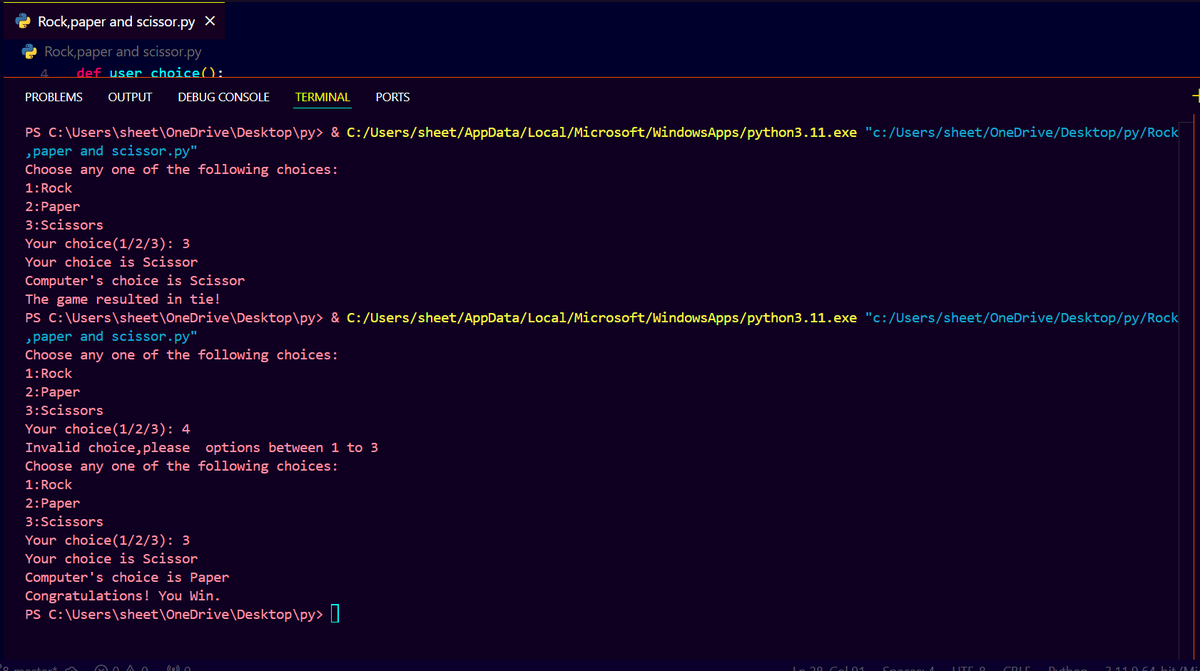Sheetal_11's tweet photo. Rock beats Scissors. Scissors beats Paper. Paper beats Rock. And I beat the challenge of writing my first Python code! 🎉 
Check out my Rock, Paper, Scissors game here👉 https://t.co/7bv3z5NbML
Looking to get your valuable feedbacks😊
#PythonProjects #FirstCode  #programming https://t.co/pHBXCTwRJM