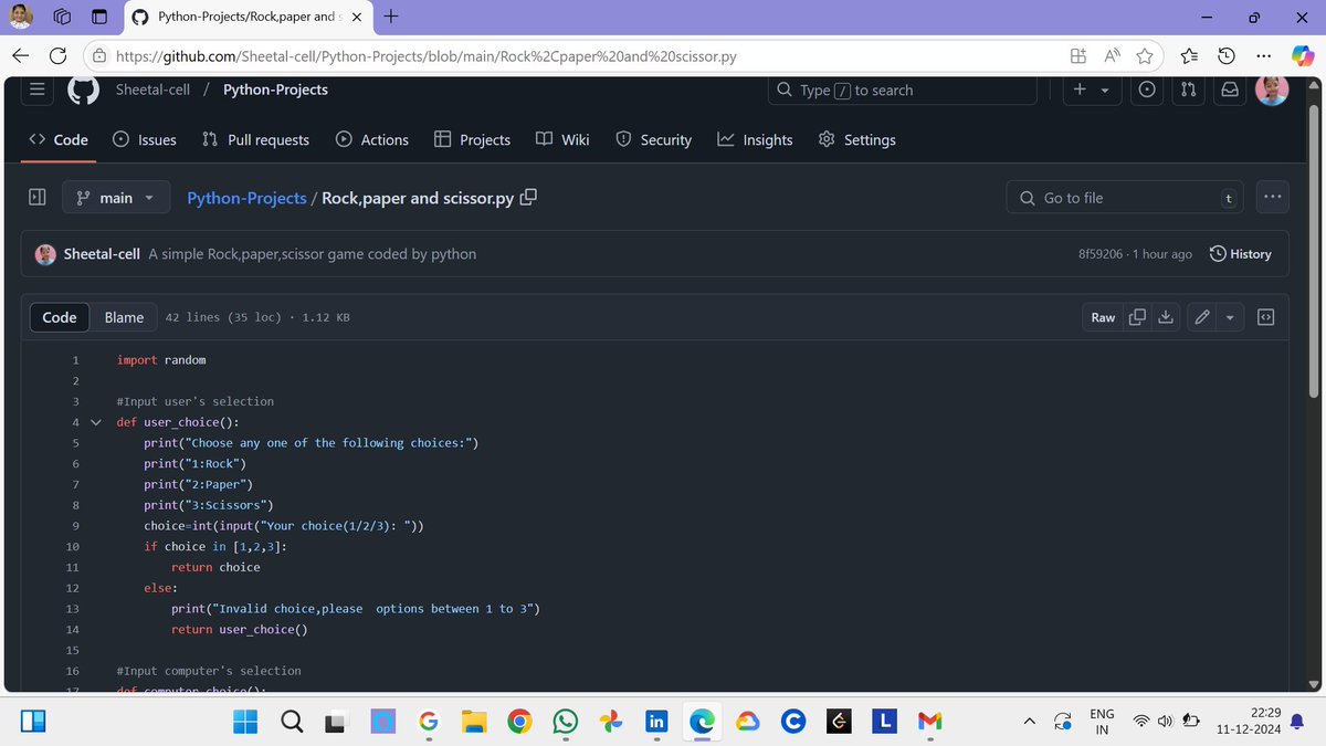 Sheetal_11's tweet photo. Rock beats Scissors. Scissors beats Paper. Paper beats Rock. And I beat the challenge of writing my first Python code! 🎉 
Check out my Rock, Paper, Scissors game here👉 https://t.co/7bv3z5NbML
Looking to get your valuable feedbacks😊
#PythonProjects #FirstCode  #programming https://t.co/pHBXCTwRJM
