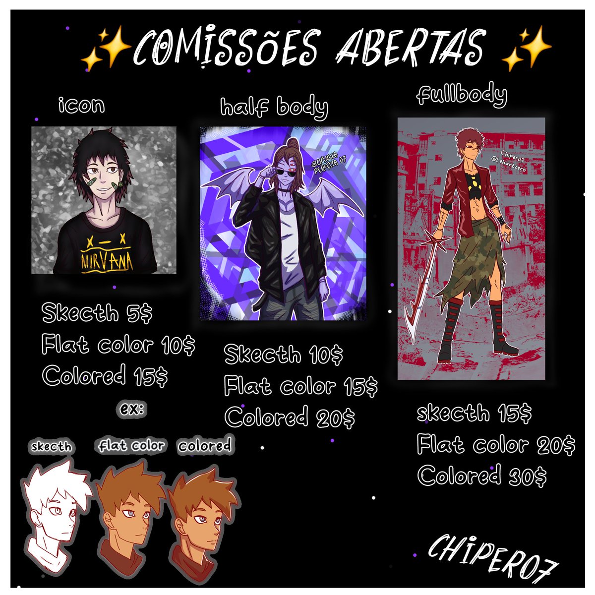 Ch1per07's tweet image. ⭐️COMISSÕES ABERTAS ⭐️
Depois de um tempo estou respostando minha tabela , quem não poder comprar resposte pfvr pra chegar em mais gente 🙏