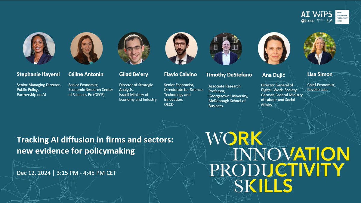 Join us online tomorrow Dec 12, 2024 | 3:15 PM - 4:45 PM CET for an exciting panel on "Tracking #AI diffusion in firms and sectors: new evidence for policymaking" 
Link 👉 oecd-events.org/ai-wips2024/se…